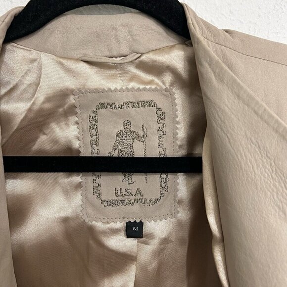 My Tribe Women's Long Sleeve Leather Biker Jacket Open Front Cropped Beige M - Picture 10 of 11
